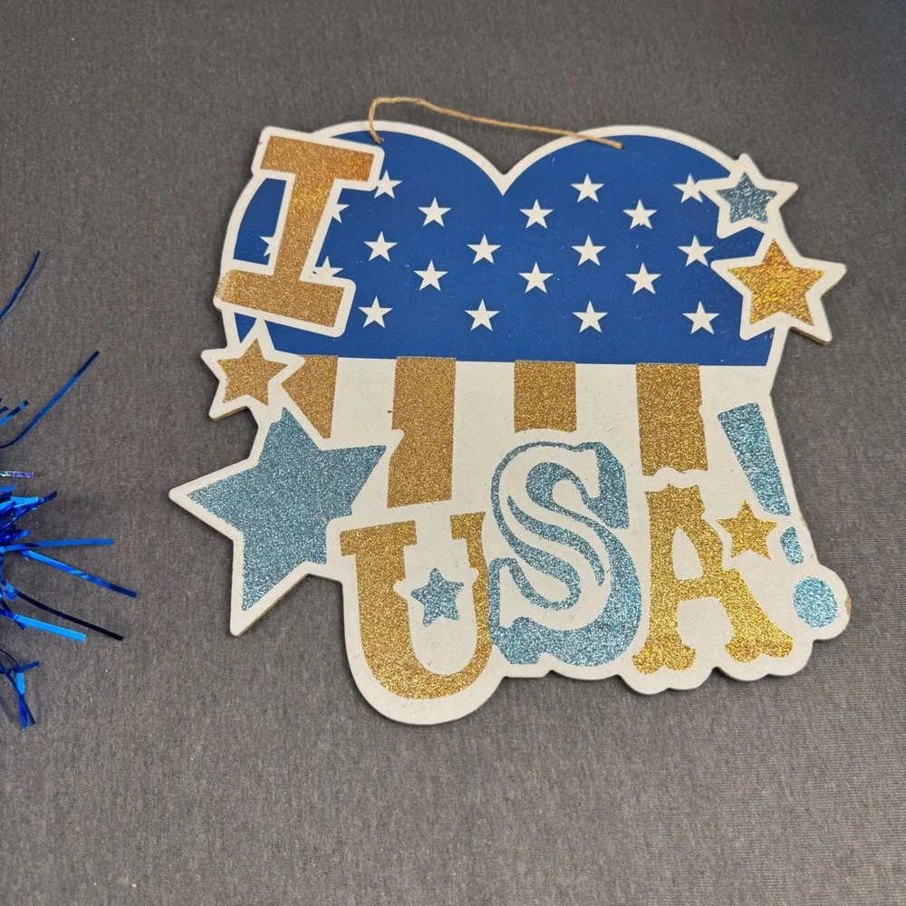 Patriotic 4th of July Decor Set I Heart USA Glitter Sign & Metallic Pom Pom